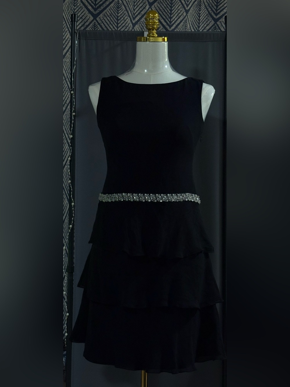 Talbots 100% Pure Silk Tiered LBD
Cocktail Dress Black Rhinestone Waist 2P
